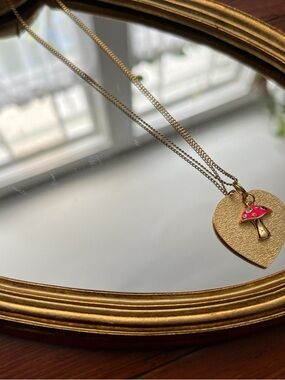 Gold Heart Necklace with Pink Mushroom Charm Pendant